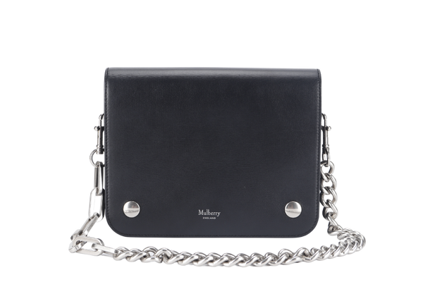 MULBERRY CLIFTON SHOULDER BAG BLACK CROSSBOARDED CALFSKIN BRUSHED SILVER HARDWARE WITH CHAIN STRAP AND DUST COVER