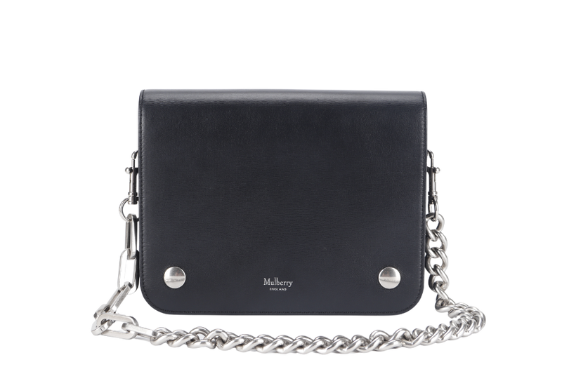 MULBERRY CLIFTON SHOULDER BAG BLACK CROSSBOARDED CALFSKIN BRUSHED SILVER HARDWARE WITH CHAIN STRAP AND DUST COVER