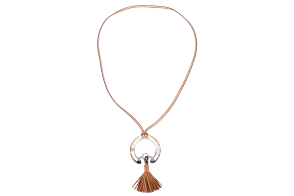 HERMES BUFFALO HORN ROUND PENDANT NECKLACE WITH FRINGE GOLD COLOUR WITH BOX