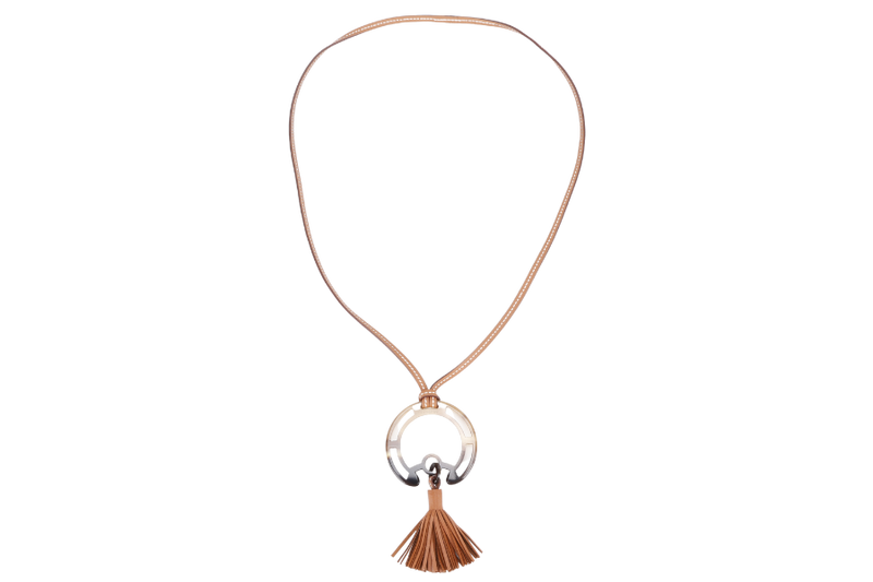 HERMES BUFFALO HORN ROUND PENDANT NECKLACE WITH FRINGE GOLD COLOUR WITH BOX