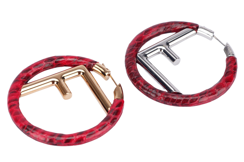 FENDI SILVER F INITIALS WITH RED LIZARD SKIN ROUND SHAPE EARRING, WITH BOX