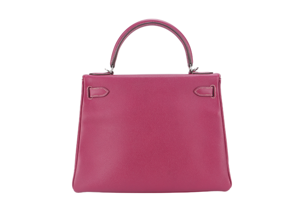 HERMES KELLY 28 CANDY VERSO TOSCA AND ROSE TYRIEN COLOR EPSOM SILVER HARDWARE STAMP O (YEAR 2011) WITH KEYS, LOCK, STRAP AND DUST COVER