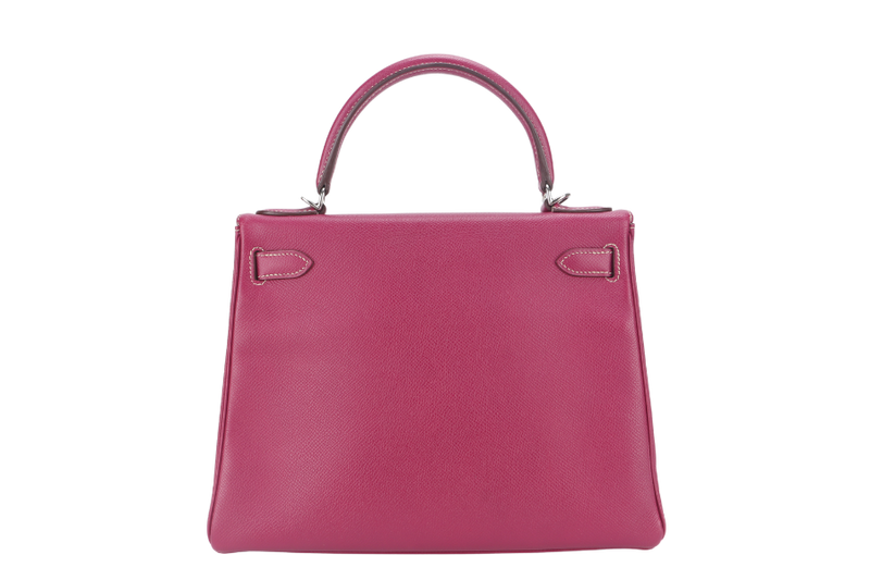 HERMES KELLY 28 CANDY VERSO TOSCA AND ROSE TYRIEN COLOR EPSOM SILVER HARDWARE STAMP O (YEAR 2011) WITH KEYS, LOCK, STRAP AND DUST COVER