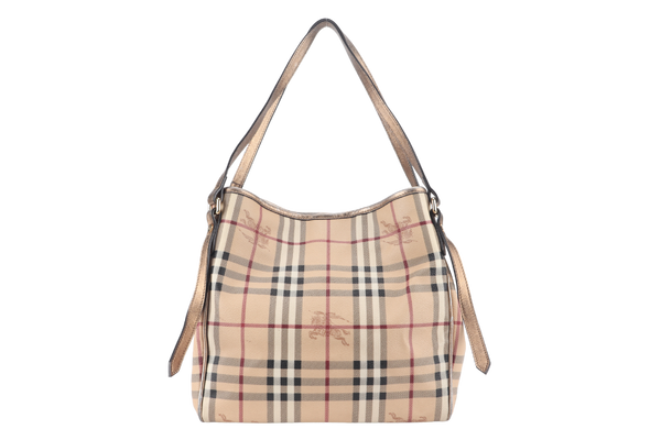 BURBERRY HAYMARKET CHECK TOTE BEIGE LEATHER GOLD HARDWARE WITH DUST COVER