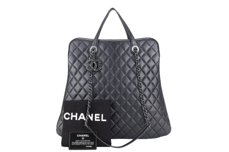 CHANEL QUILTED BLACK TOP HANDLE BAG (2194xxxx) RUTHENIUM HARDWARE WITH CARD AND DUST COVER