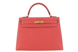 HERMES KELLY SELLIER 32 ROSE JAIPUR EPSOM LEATHER GOLD HARDWARE STAMP X (2016) WITH LEATHER STRAPS, KEYS&LOCK, RAINCOAT, DUST COVER AND BOX