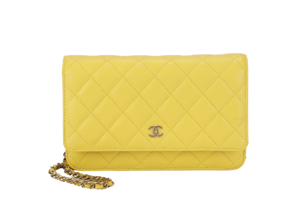 CHANEL CLASSIC WALLET ON CHAIN MICROCHIP (ETGCxxxx) YELLOW CAVIAR LEATHER SILVER HARDWARE WITH DUST COVER AND BOX