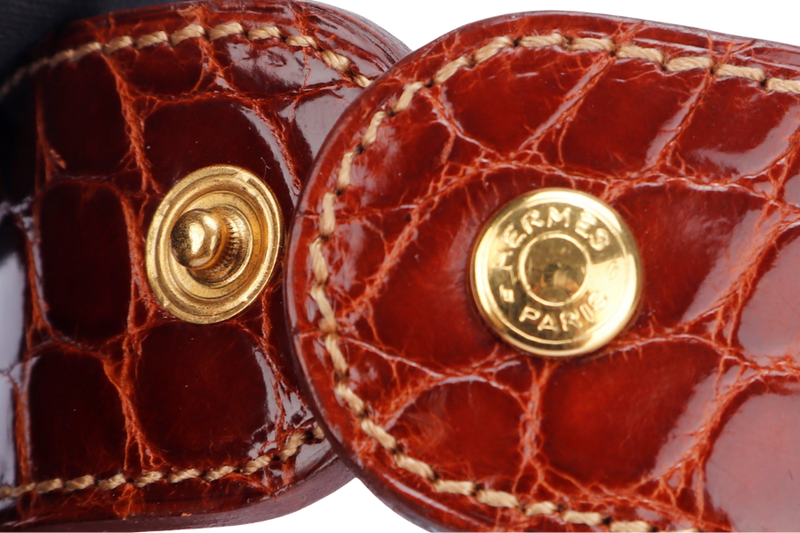 (Exotic) Hermes Brown Porosus Croc Bracelet with Gold Medor Stud, no Dust Cover & Box