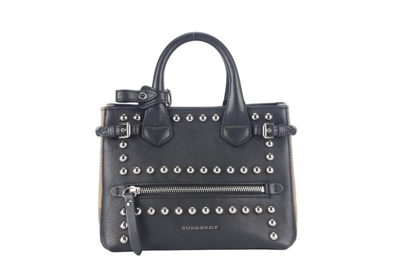 burberry studded baby banner black leather tote bag silver hardware with dust cover and sling