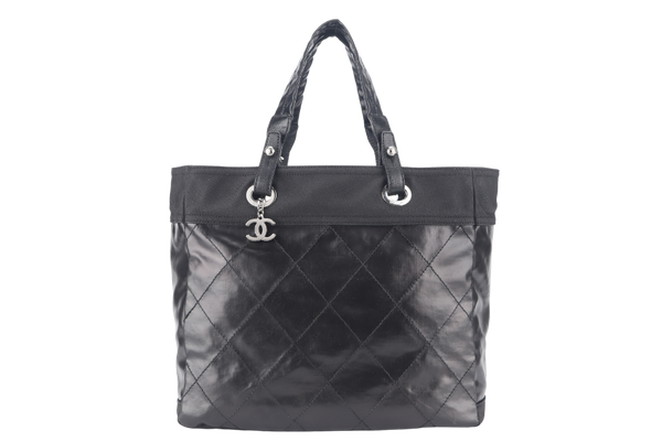 CHANEL PARIS BIARRITZ TOTE BAG (1139xxxx) LARGE BLACK CALFSKIN SILVER HARDWARE NO DUST COVER