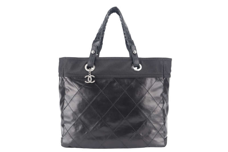 CHANEL PARIS BIARRITZ TOTE BAG (1139xxxx) LARGE BLACK CALFSKIN SILVER HARDWARE NO DUST COVER