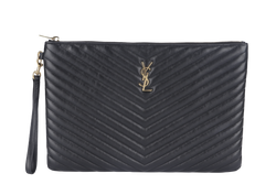 YVES SAINT LAURENT (YSL) QUILTED MATTELASSE BLACK LEATHER CLUTCH (TCT440222 0917) GOLD HARDWARE WITH DUST COVER