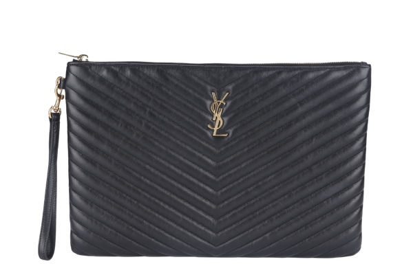 YVES SAINT LAURENT (YSL) QUILTED MATTELASSE BLACK LEATHER CLUTCH (TCT440222 0917) GOLD HARDWARE WITH DUST COVER