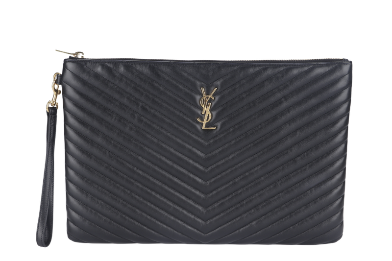 YVES SAINT LAURENT (YSL) QUILTED MATTELASSE BLACK LEATHER CLUTCH (TCT440222 0917) GOLD HARDWARE WITH DUST COVER