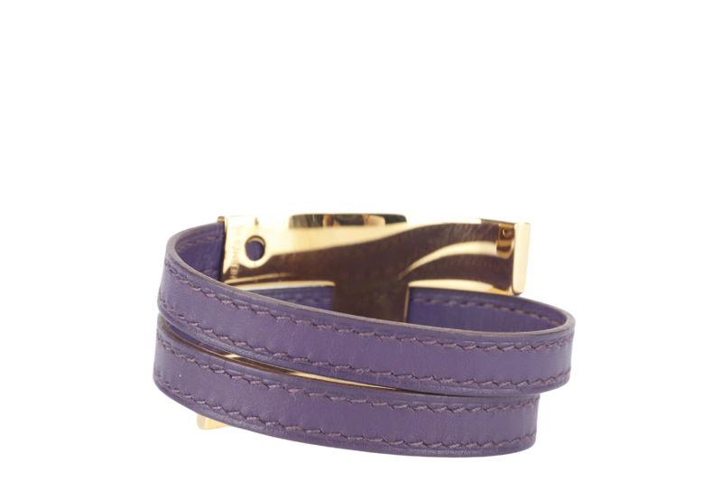 HERMES POUSSE-POUSSE BRACELET IRIS PURPLE SWIFT LEATHER STAMP Q SQUARE (YEAR 2013) GOLD HARDWARE WITH DUST COVER AND BOX