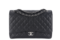 CHANEL CLASSIC DOUBLE FLAP MAXI (1437xxxx) BLACK CAVIAR SILVER HARDWARE WITH DUST COVER