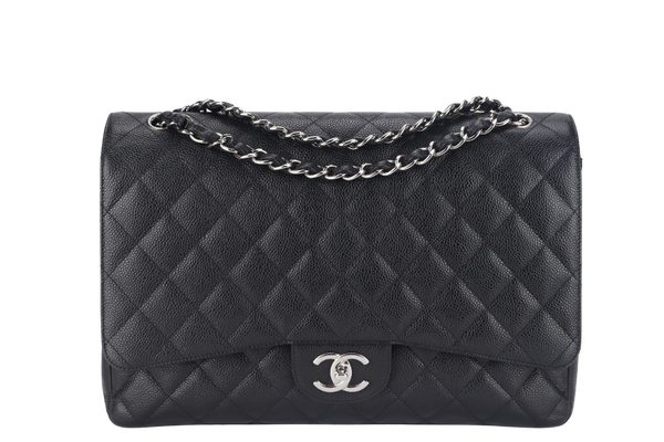 CHANEL CLASSIC DOUBLE FLAP MAXI (1437xxxx) BLACK CAVIAR SILVER HARDWARE WITH DUST COVER