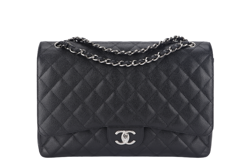 CHANEL CLASSIC DOUBLE FLAP MAXI (1437xxxx) BLACK CAVIAR SILVER HARDWARE WITH DUST COVER