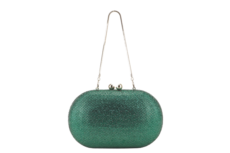 THE CHIC INITIATIVE GREEN CRYSTAL CLUTCH SILVER HARDWARE WITH DUST COVER AND BOX