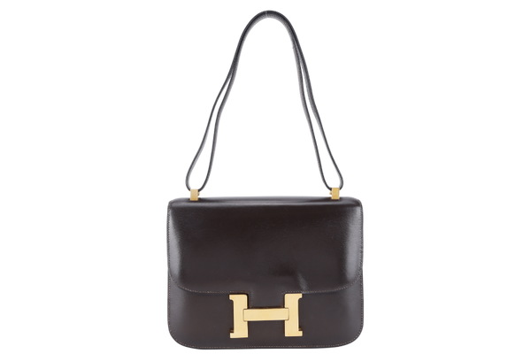 HERMES VINTAGE CONSTANCE 23 DARK BROWN BOX LEATHER GOLD HARDWARE STAMP Z (1970) WITH DUST COVER