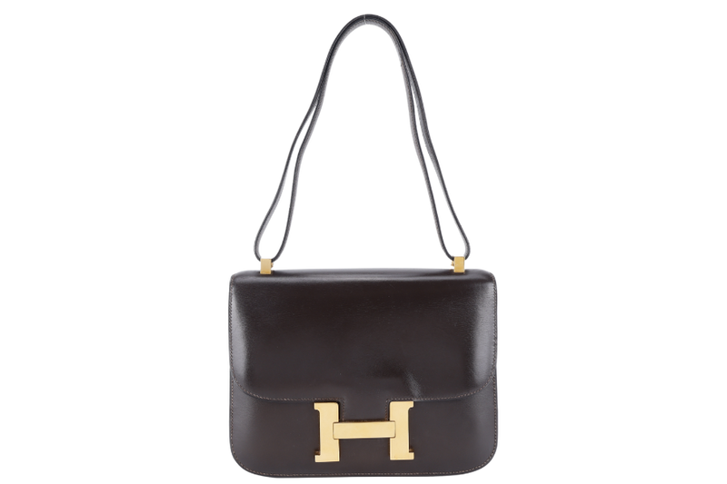 HERMES VINTAGE CONSTANCE 23 DARK BROWN BOX LEATHER GOLD HARDWARE STAMP Z (1970) WITH DUST COVER