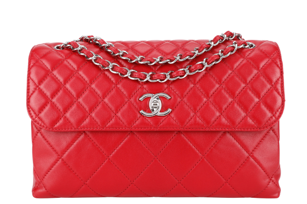 CHANEL SINGLE FLAP BAG (1444xxxx) RED QUILTED LAMBSKIN SILVER HARDWARE WITH CARD