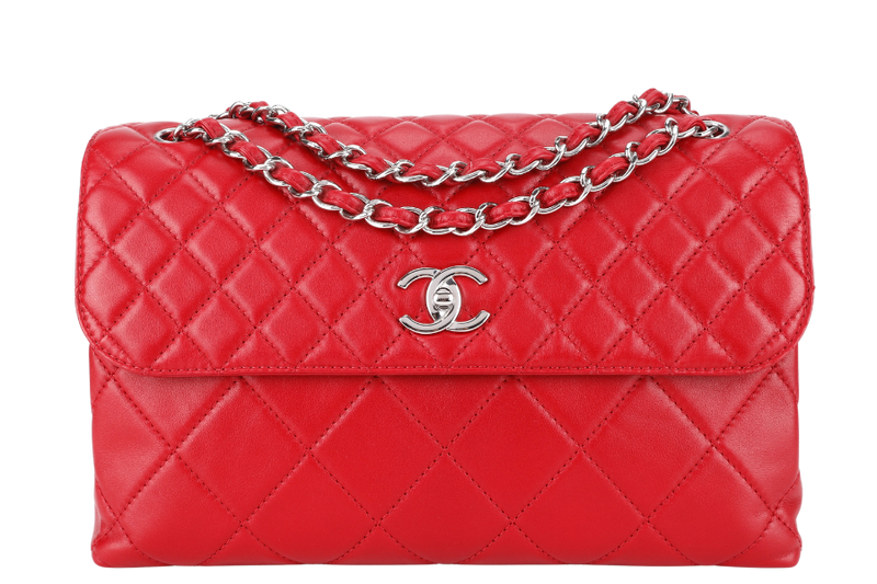 CHANEL SINGLE FLAP BAG (1444xxxx) RED QUILTED LAMBSKIN SILVER HARDWARE WITH CARD