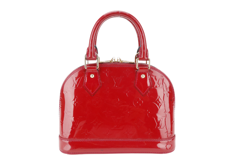 LOUIS VUITTON ALMA BB RED VERNIS WITH GOLD HARDWARE, STRAPS AND NO DUST COVER