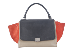 CELINE TRAPEZE BAG IN BEIGE TAUPE TRICOLOR LEATHER WITH BLACK FLAP ON ORANGE TOP SILVER HARDWARE WITH STRAPS AND DUST COVER