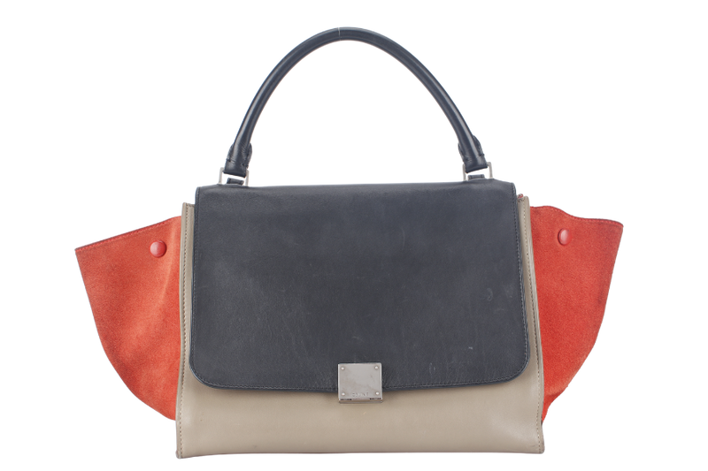 celine trapeze bag in beige taupe tricolor leather with black flap on orange top silver hardware with straps and dust cover