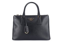 PRADA BN1801 DOUBLE ZIP SATCHEL BAG BLACK SAFFIANO LEATHER GOLD HARDWARE WITH STRAPS, CARD AND DUST COVER