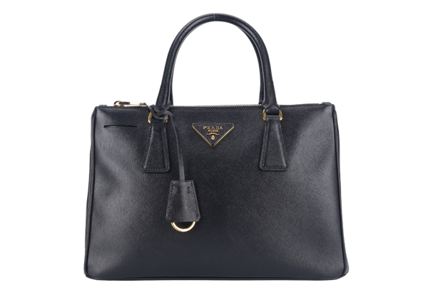 PRADA BN1801 DOUBLE ZIP SATCHEL BAG BLACK SAFFIANO LEATHER GOLD HARDWARE WITH STRAPS, CARD AND DUST COVER