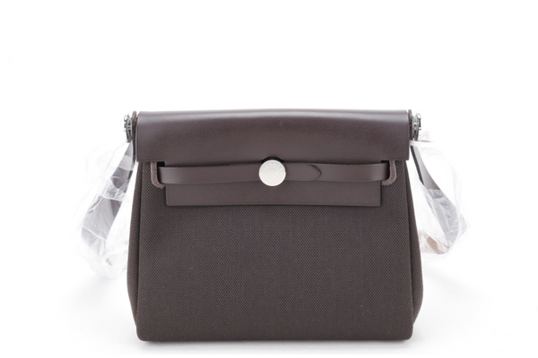 HERMES MINI HERBAG STAMP W (YEAR 2024) EBENE TOILE SILVER HARDWARE WITH DUST COVER