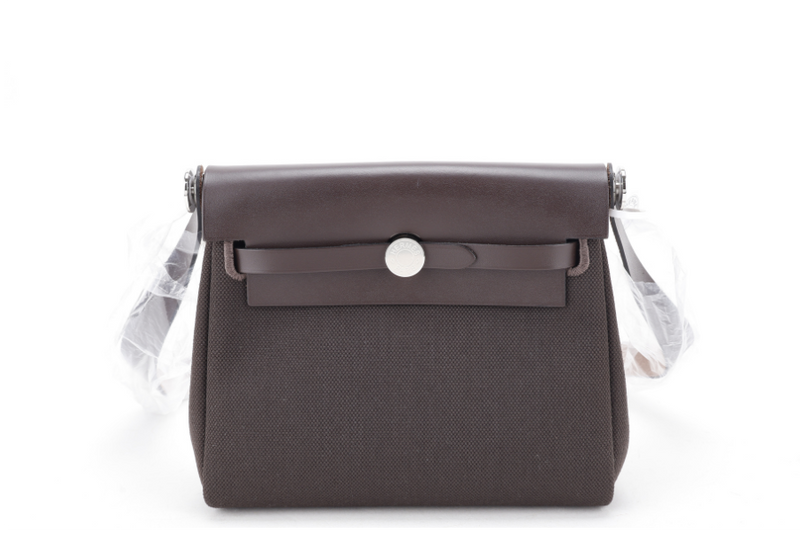 HERMES MINI HERBAG STAMP W (YEAR 2024) EBENE TOILE SILVER HARDWARE WITH DUST COVER