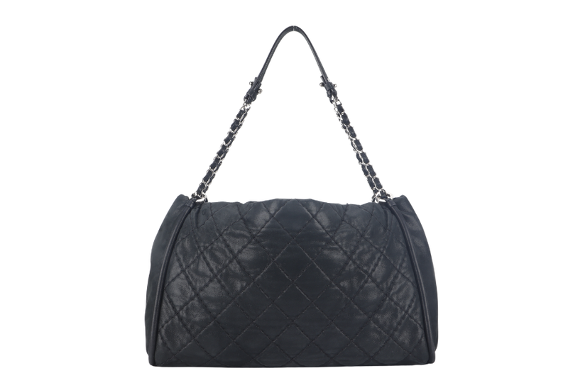 CHANEL GLAZED DOUBLE STITCH TOTE (1658xxxx) BLACK CALFSKIN SILVER HARDWARE WITH CARD, DUST COVER AND BOX