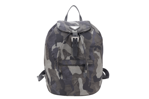 PRADA BZ0032 TESSUTO CAMOUFLAGE PATTERN GREEN BACKPACK WITH SILVER HARDWARE WITH CARD, NO DUST COVER