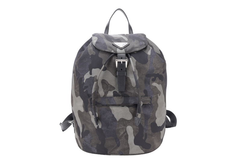 PRADA BZ0032 TESSUTO CAMOUFLAGE PATTERN GREEN BACKPACK WITH SILVER HARDWARE WITH CARD, NO DUST COVER
