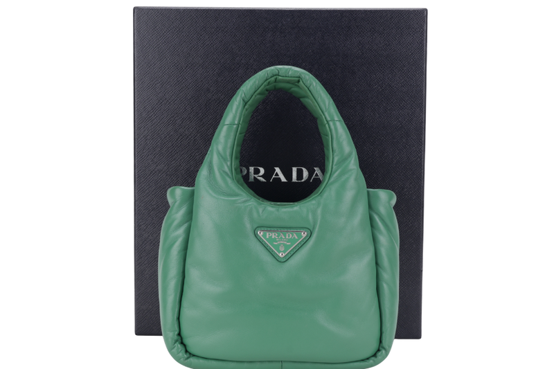 PRADA SOFT PADDED GREEN LEATHER SILVER HARDWARE WITH BOX