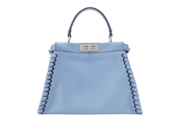 FENDI PEEKABOO (8BN290-81P-188-10429) BLUE GRAINED CALF LEATHER SILVER HARDWARE WITH RAINCOAT, STRAPS AND DUST COVER