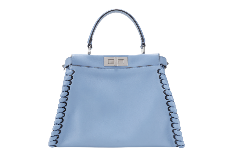 FENDI PEEKABOO (8BN290-81P-188-10429) BLUE GRAINED CALF LEATHER SILVER HARDWARE WITH RAINCOAT, STRAPS AND DUST COVER