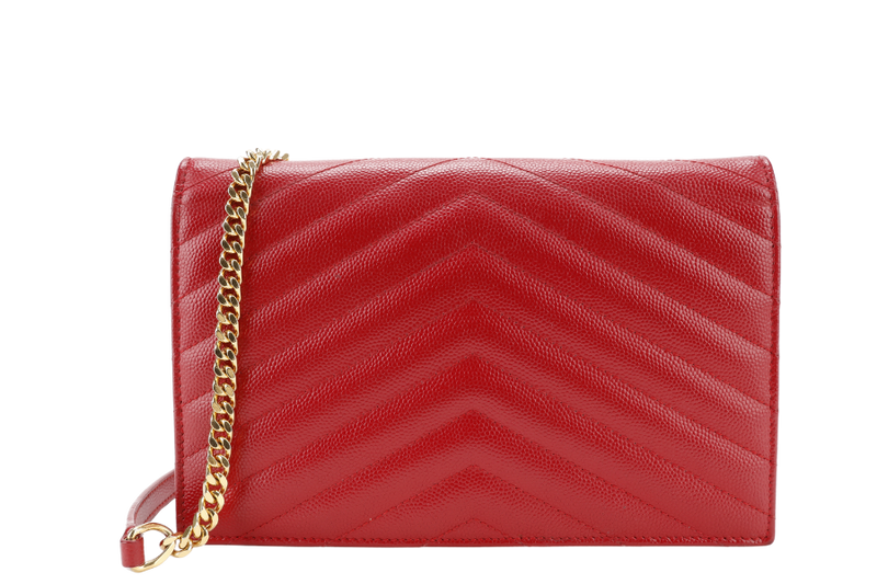 YVES SAINT LAURENT (YSL) ENVELOPE CHAIN WALLET RED CHEVRON QUILTED LEATHER WITH GOLD HARDWARE NO DUST COVER