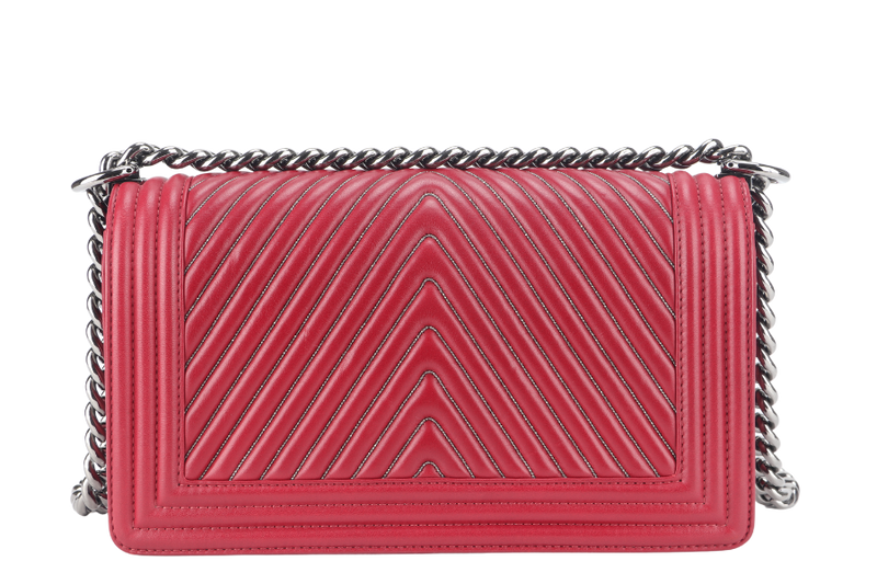 CHANEL LEBOY RED CHEVRON WITH GLITTERS LINE SILVER HARDWARE (2038xxxx) WITH CARD AND BOX