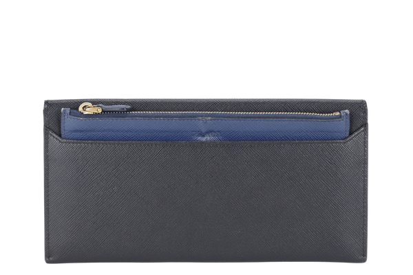 PRADA 1MF006 SAFFIANO LEATHER ENVELOPE CLUTCH BLACK & BLUE WITH CARD AND BOX