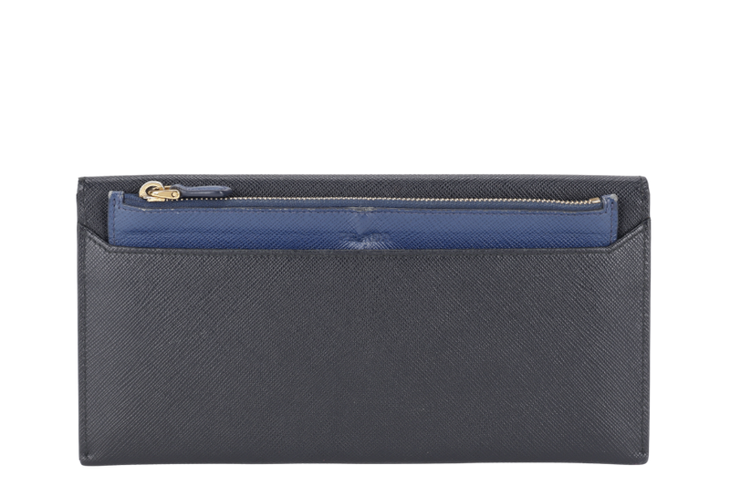 PRADA 1MF006 SAFFIANO LEATHER ENVELOPE CLUTCH BLACK & BLUE WITH CARD AND BOX