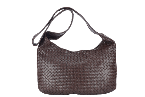 BOTTEGA VENETA INTRECCIATO SHOULDER BAG BROWN LEATHER SILVER HARDWARE NO DUST COVER