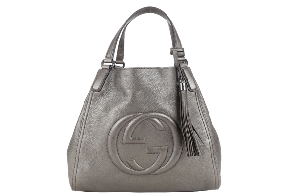 GUCCI SOHO INTERLOCKING G TOTE BAG DARK GREEN LEATHER RUTHENIUM HARDWARE WITH DUST COVER
