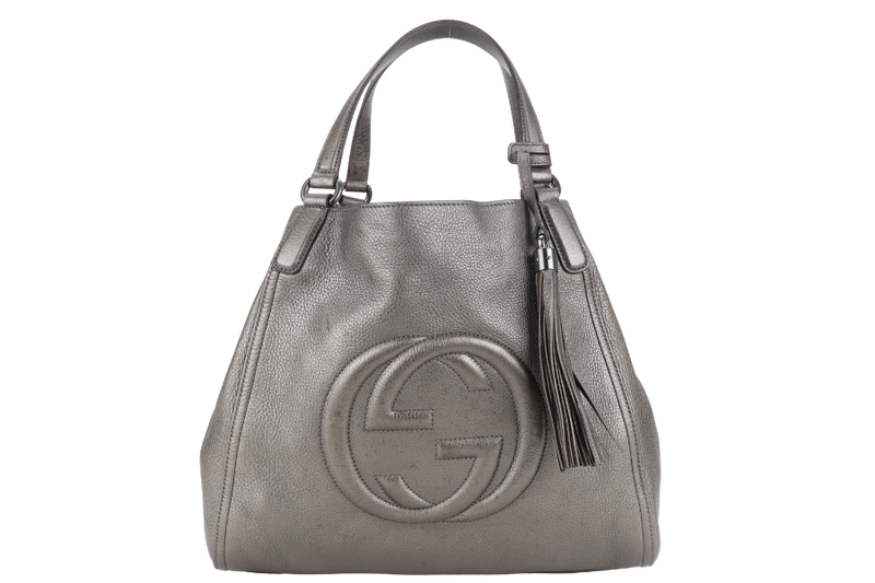 GUCCI SOHO INTERLOCKING G TOTE BAG DARK GREEN LEATHER RUTHENIUM HARDWARE WITH DUST COVER