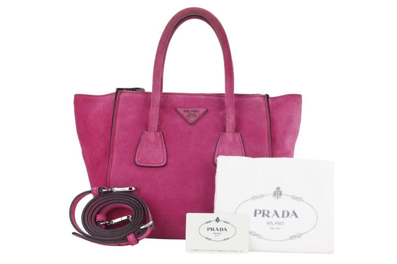 PRADA 2WAYS BAG (BN2625) MEDIUM PINK SUEDE SILVER HARDWARE WITH DUST COVER AND STRAP