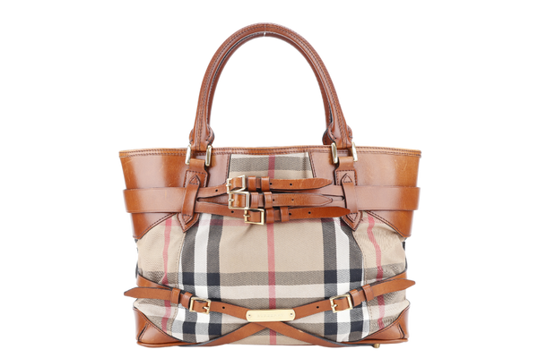 BURBERRY BRIDLE LYNHER MEDIUM BROWN BEIGE HOUSE CHECK CANVAS AND LEATHER NO DUST COVER