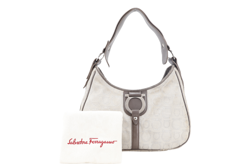 SALVATORE FERRAGAMO GANCINI GREY CANVAS WITH BROWN LEATHER LINING SILVER HARDWARE WITH DUST COVER